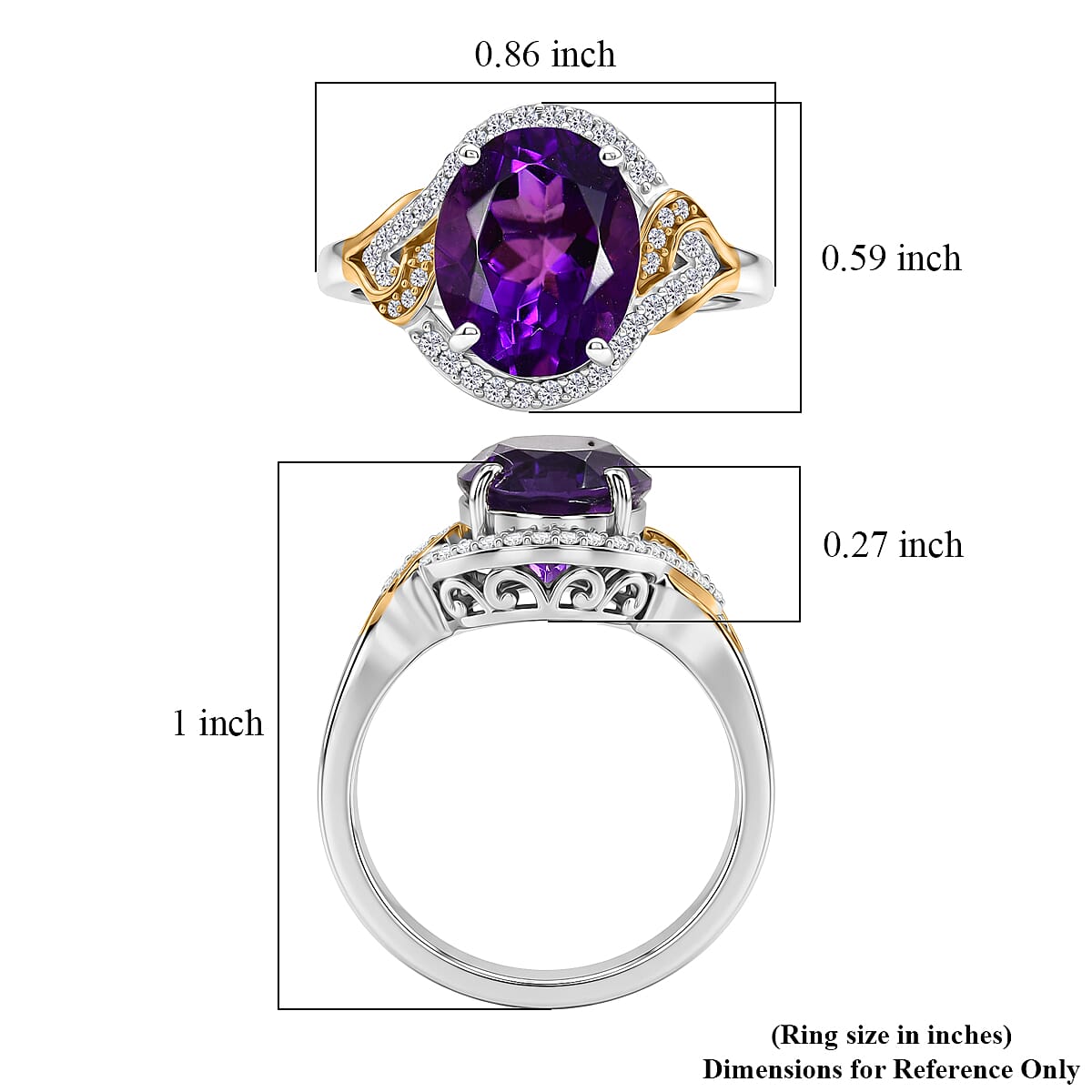 D'Joy AAA Zambian Amethyst and Moissanite 3.60 ctw Crown Wave Ring in 18K Vermeil Yellow Gold and Rhodium Over Sterling Silver (Size 6.0)