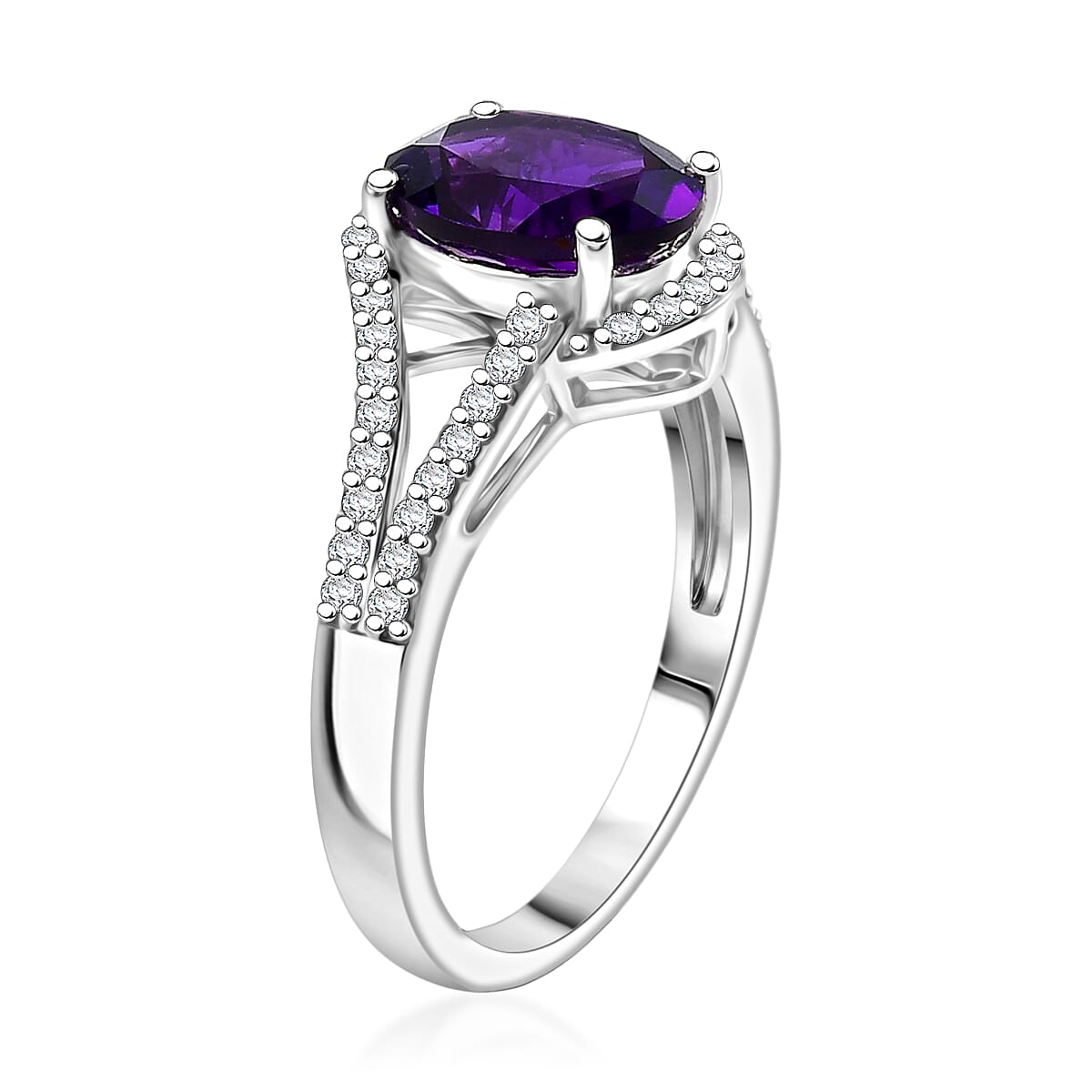 D'Joy AAA Zambian Amethyst and Moissanite 2.00 ctw Royal Valentine Ring in Rhodium Over Sterling Silver (Size 5.0)