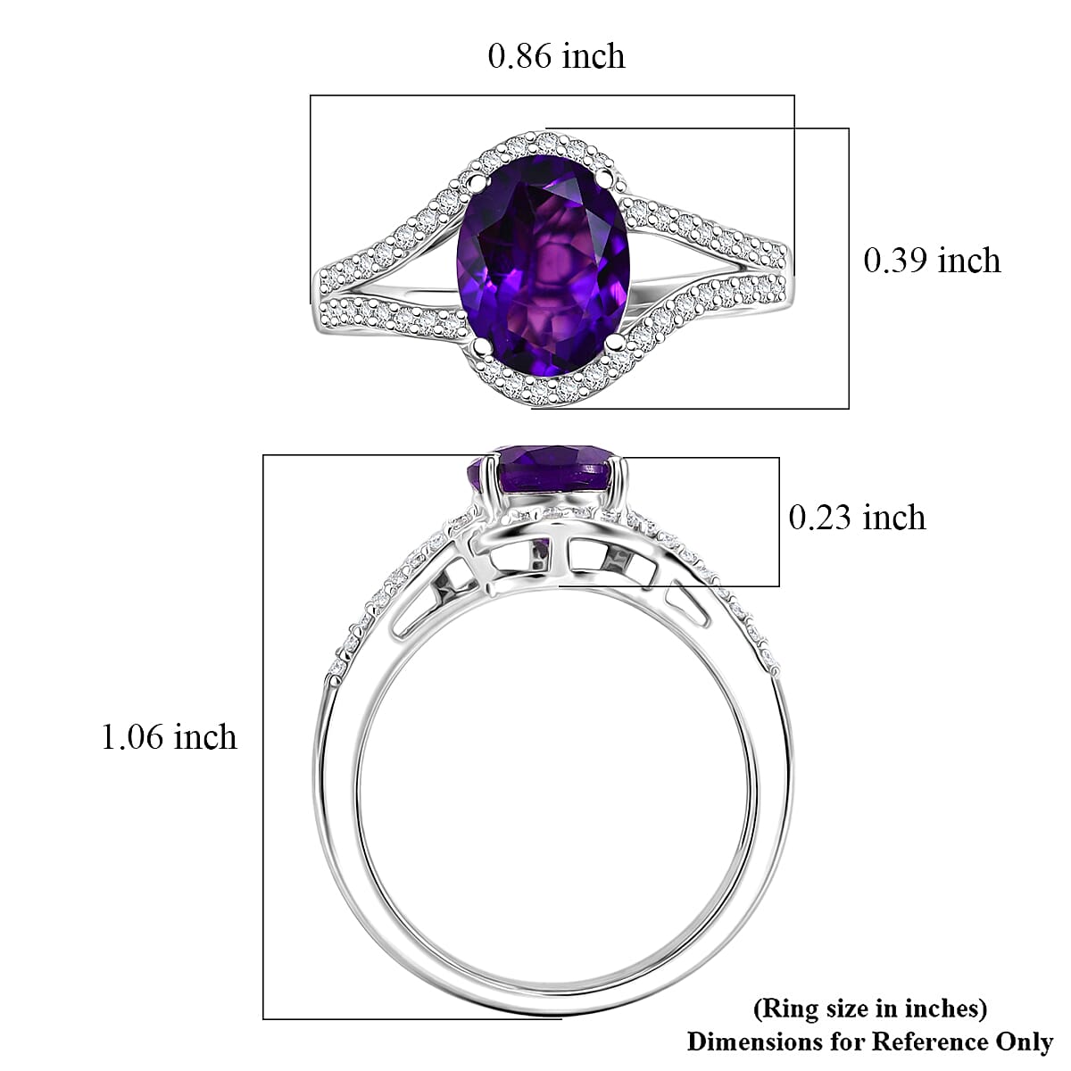 D'Joy AAA Zambian Amethyst and Moissanite 2.00 ctw Royal Valentine Ring in Rhodium Over Sterling Silver (Size 5.0)