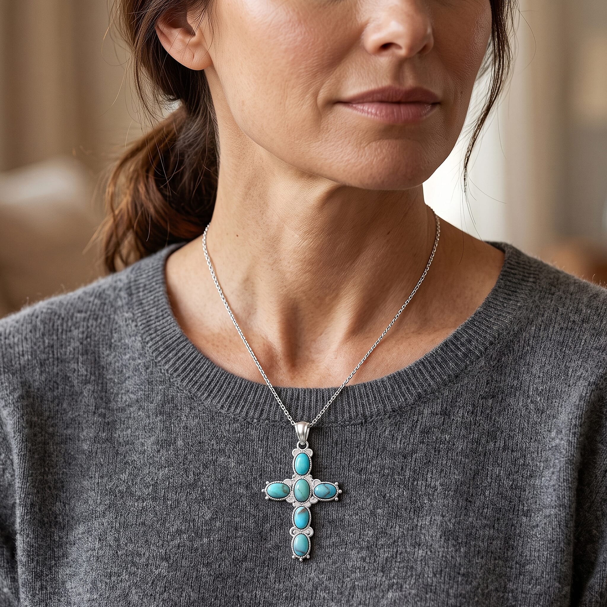 Blue Turquoise 7.00 ctw Cross Pendant without Chain in Silvertone