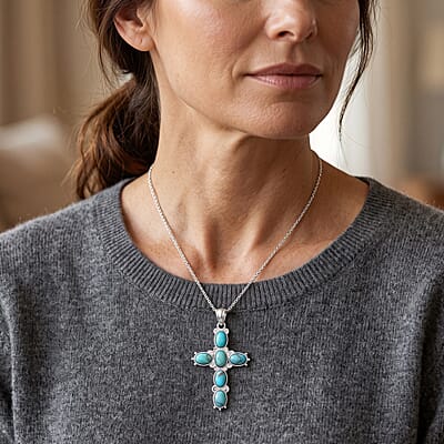 Blue Turquoise 7.00 ctw Cross Pendant without Chain in Silvertone