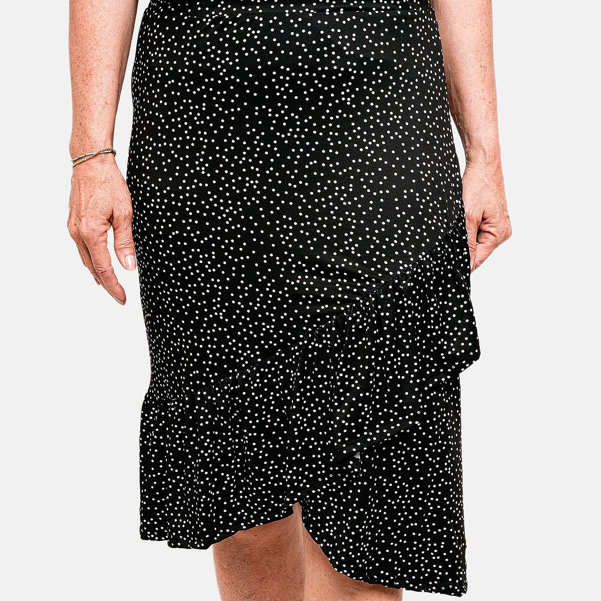Joi De Vivre Black/Eggshell Dot Print 28 Faux Wrap with Ruffle Flounce Skirt-S image number 4