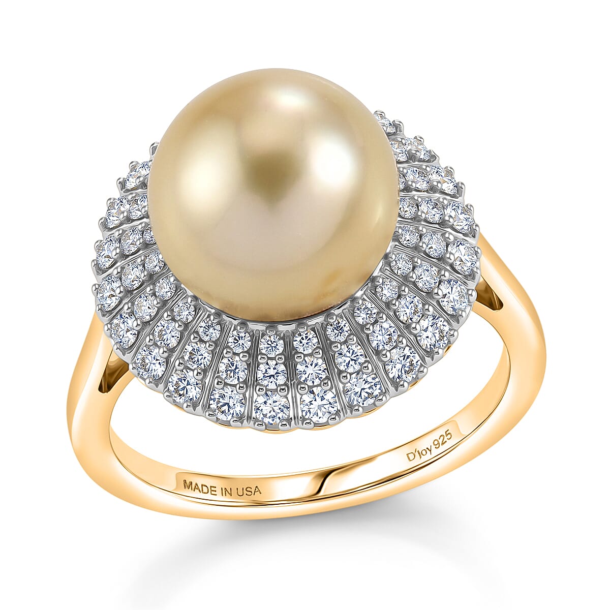 D'Joy Premium Golden South Sea Pearl and Moissanite 0.65 ctw Ring in 18K Vermeil Yellow Gold Over Sterling Silver (Size 7.0)