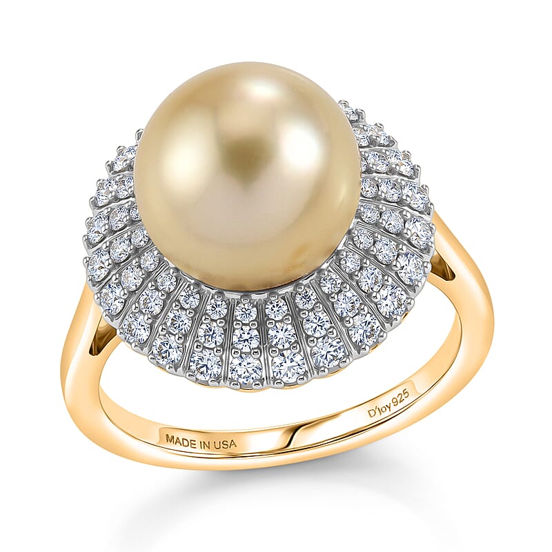 D'Joy Premium Golden South Sea Pearl and Moissanite 0.65 ctw Ring in 18K Vermeil Yellow Gold Over Sterling Silver (Size 7.0)
