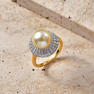 D'Joy Premium Golden South Sea Pearl and Moissanite 0.65 ctw Ring in 18K Vermeil Yellow Gold Over Sterling Silver (Size 7.0)
