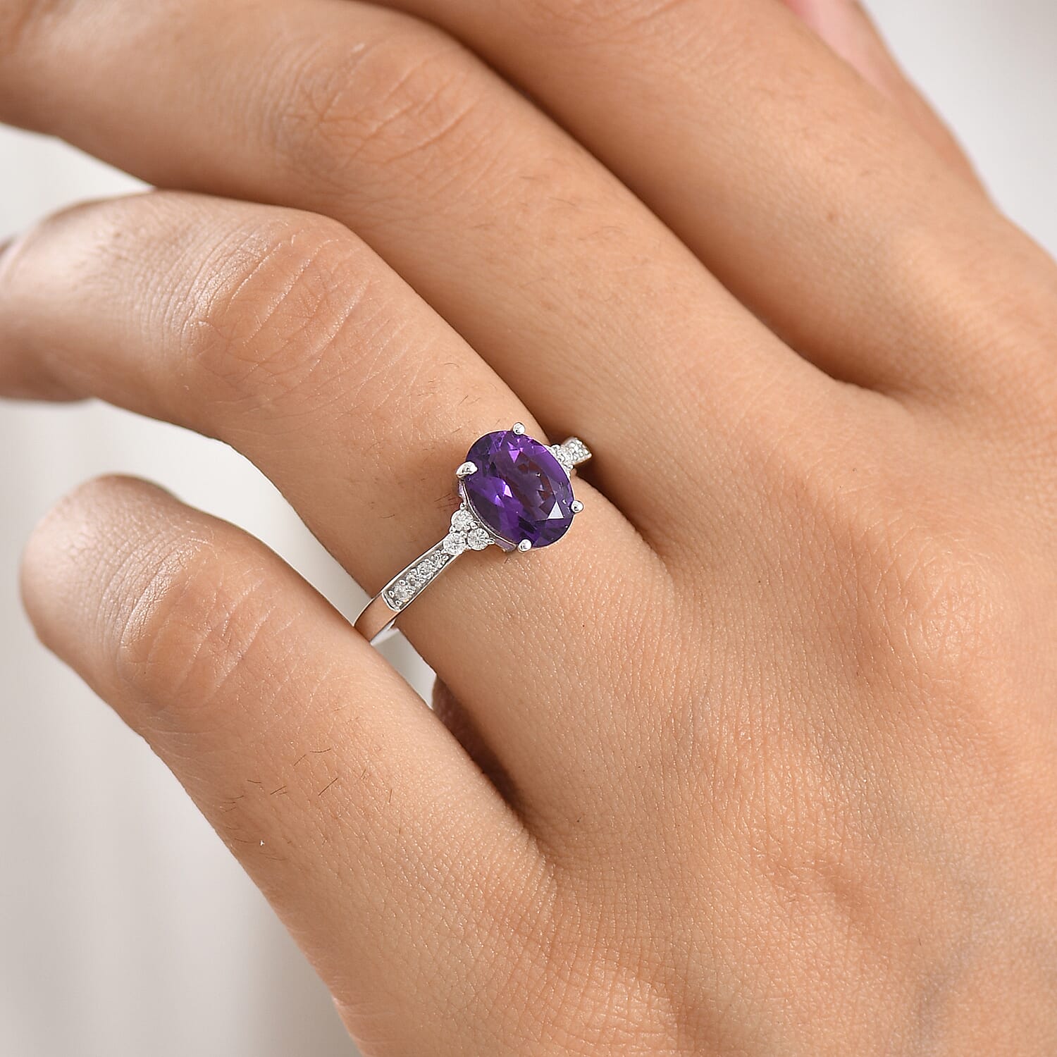 D'Joy AAA Zambian Amethyst and Moissanite 1.85 ctw Violet Majesty Ring in Rhodium Over Sterling Silver (Size 5.0)