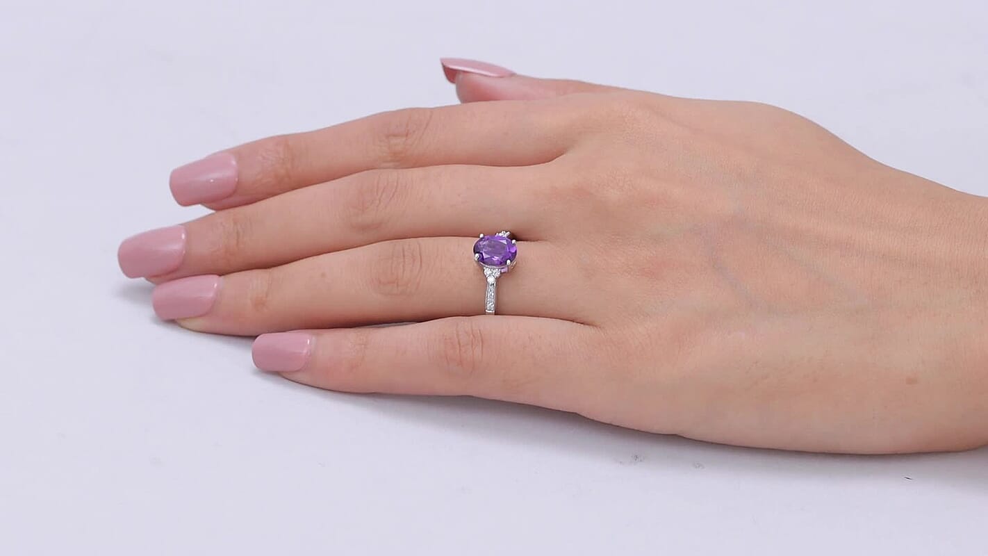 D'Joy AAA Zambian Amethyst, Moissanite Violet Majesty Ring in Rhodium Over Sterling Silver (Size 10.0) 1.85 ctw