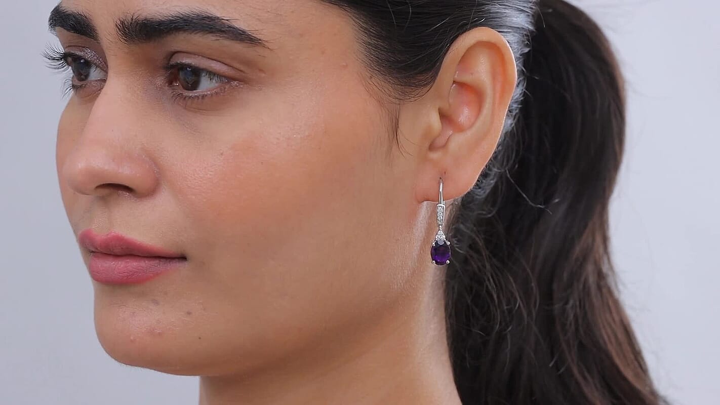 D'Joy AAA Zambian Amethyst, Moissanite Earrings in Rhodium Over Sterling Silver 1.90 ctw