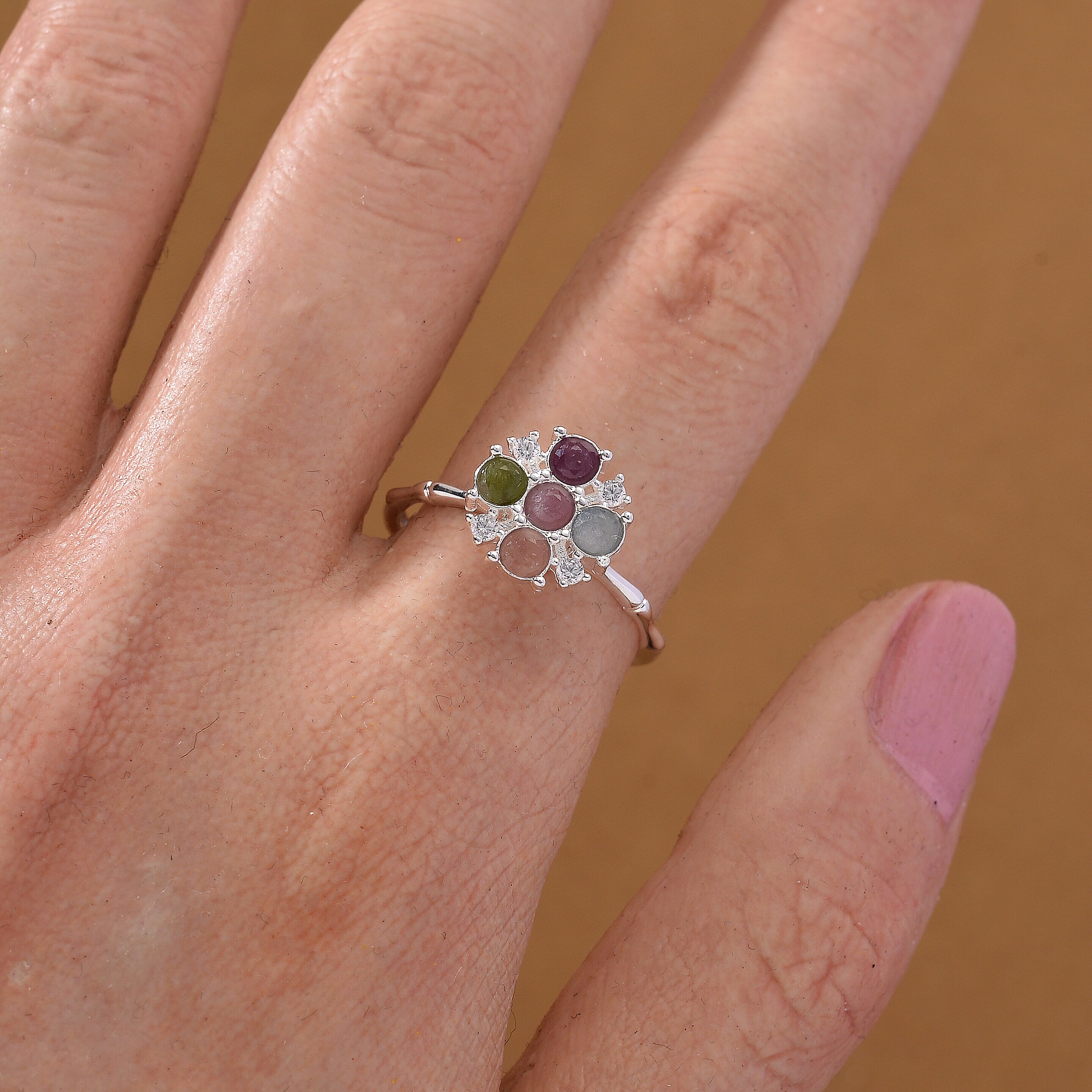Multi-Tourmaline and Simulated Diamond 8.00 ctw Ring in Silvertone (Adjustable)