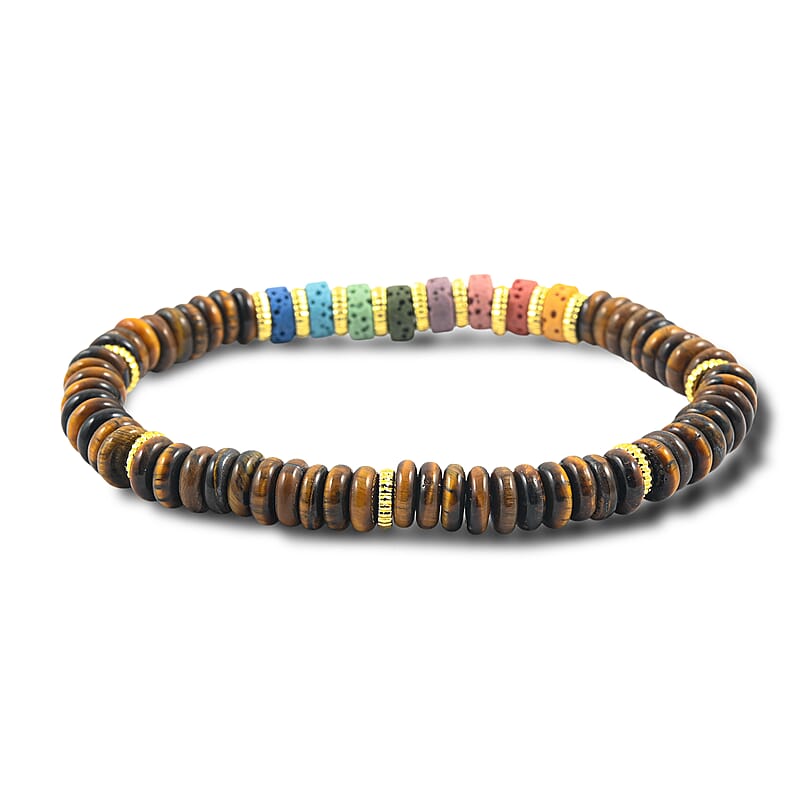Yellow Tigers Eye and Multi Color Lava 55.00 ctw Beaded Bracelet in Goldtone (6.25-7.75In)
