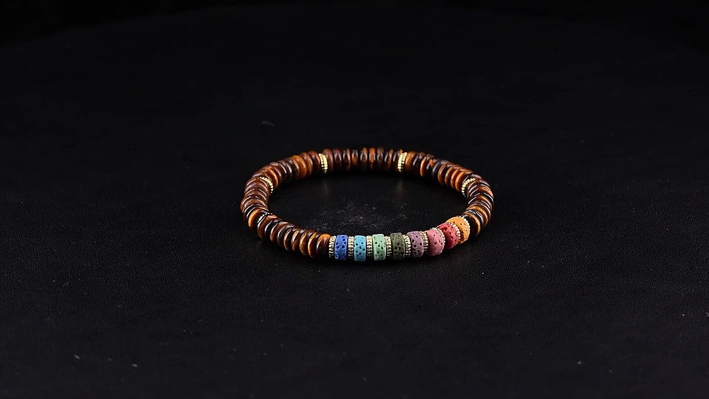 Yellow Tigers Eye and Multi Color Lava 55.00 ctw Beaded Bracelet in Goldtone (6.25-7.75In)