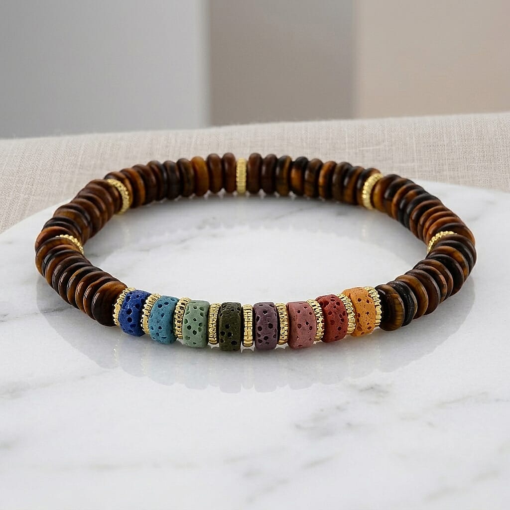 Yellow Tigers Eye and Multi Color Lava 55.00 ctw Beaded Bracelet in Goldtone (6.25-7.75In)
