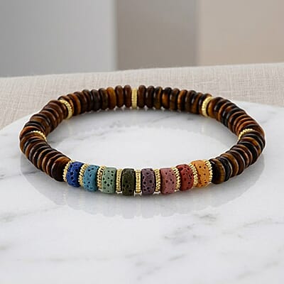 Yellow Tigers Eye and Multi Color Lava 55.00 ctw Beaded Bracelet in Goldtone (6.25-7.75In)