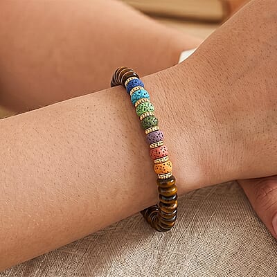 Yellow Tigers Eye and Multi Color Lava 55.00 ctw Beaded Bracelet in Goldtone (6.25-7.75In)