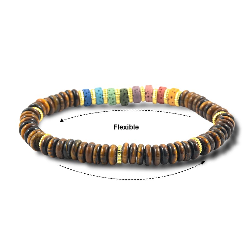 Yellow Tigers Eye and Multi Color Lava 55.00 ctw Beaded Bracelet in Goldtone (6.25-7.75In)
