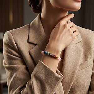 Rose Quartz and Multi Color Lava 55.00 ctw Beaded Bracelet in Goldtone (6.25-7.75In)