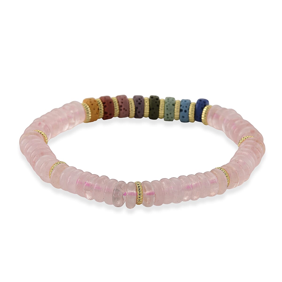 Rose Quartz and Multi Color Lava 55.00 ctw Beaded Bracelet in Goldtone (6.25-7.75In) image number 3