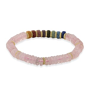 Rose Quartz and Multi Color Lava 55.00 ctw Beaded Bracelet in Goldtone (6.25-7.75In)