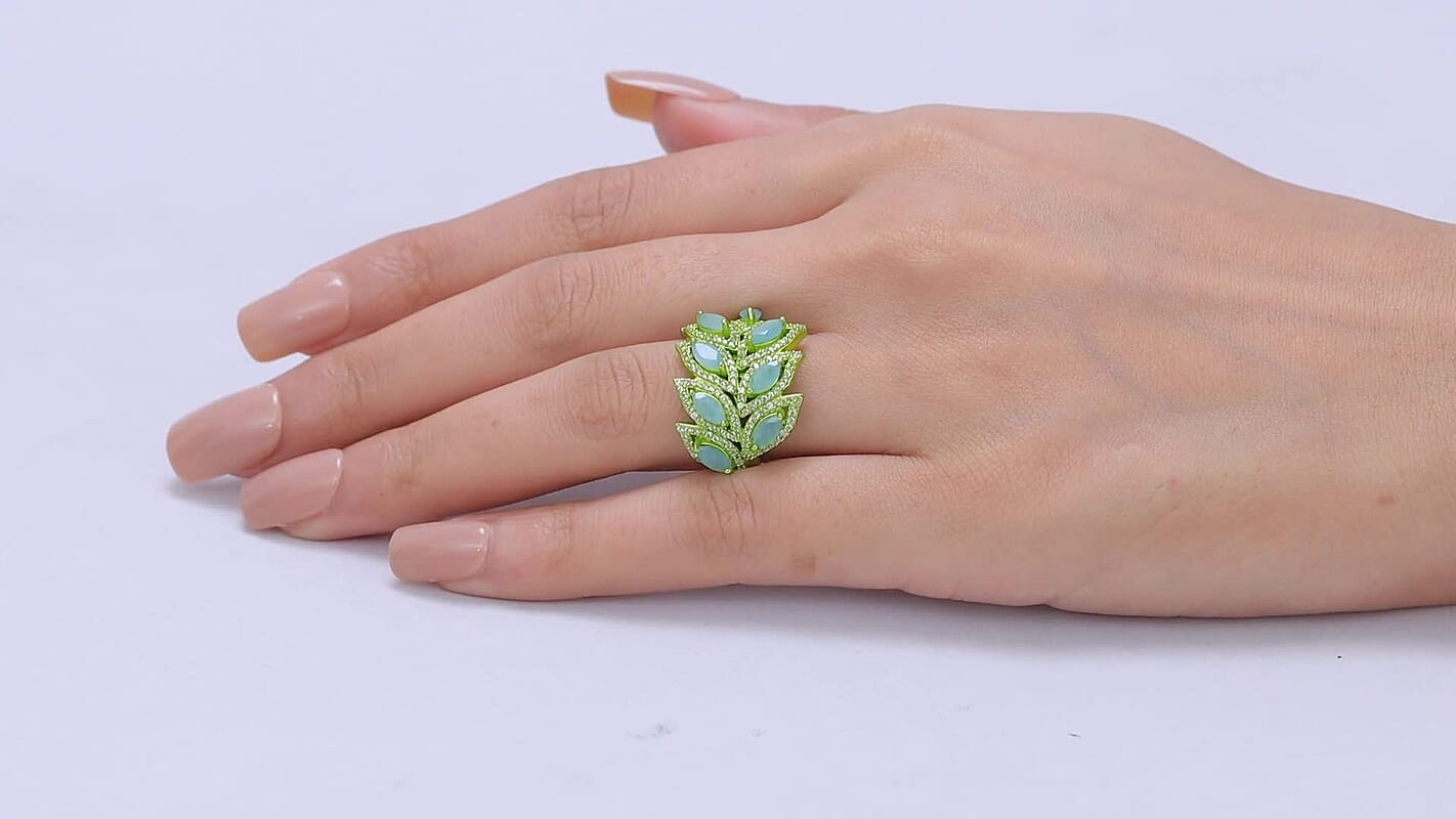 D'Joy Premium Grandidierite, White Zircon Tidal Vine Ring in Green E-coat Sterling Silver (Size 10.0) (Ships in 08-10 Days) 3.30 ctw