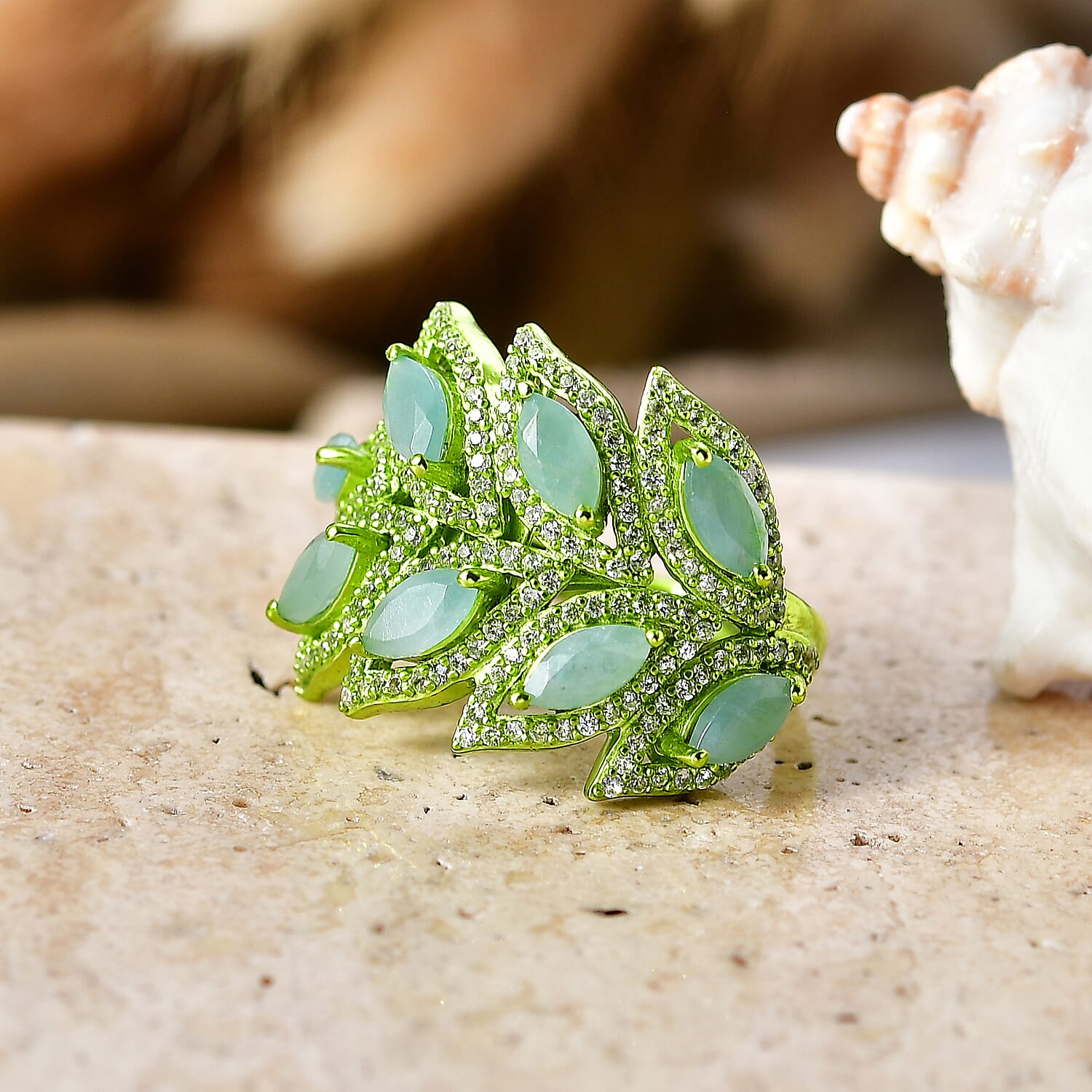 D'Joy Premium Grandidierite and White Zircon 3.30 ctw Tidal Vine Ring in Green E-coat Sterling Silver (Size  5.0)