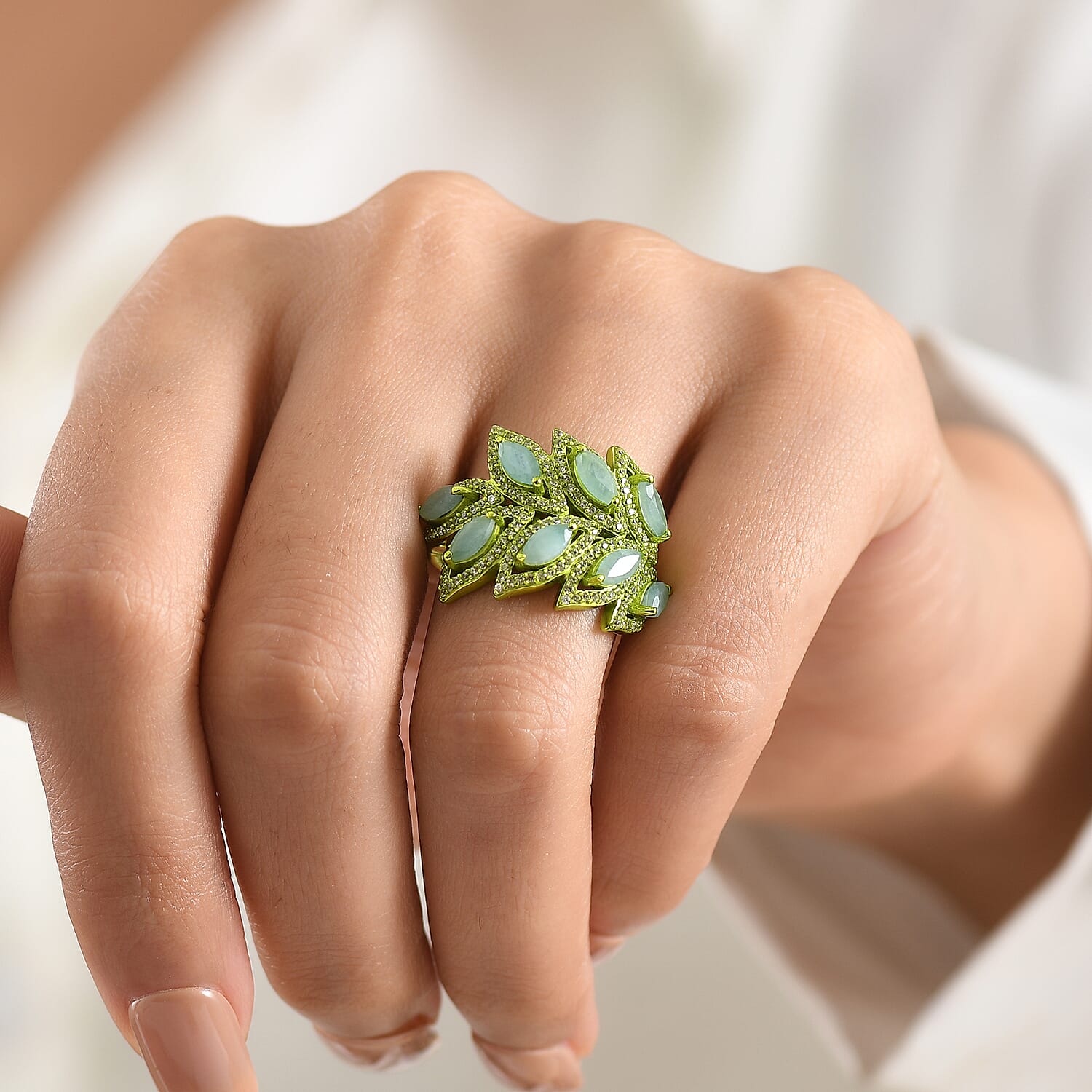 D'Joy Premium Grandidierite and White Zircon 3.30 ctw Tidal Vine Ring in Green E-coat Sterling Silver (Size  5.0)