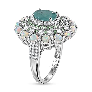 D'Joy Premium Grandidierite and Multi Gemstone 4.40 ctw Pearl Crest Ring in Rhodium Over Sterling Silver (Size  10.0)
