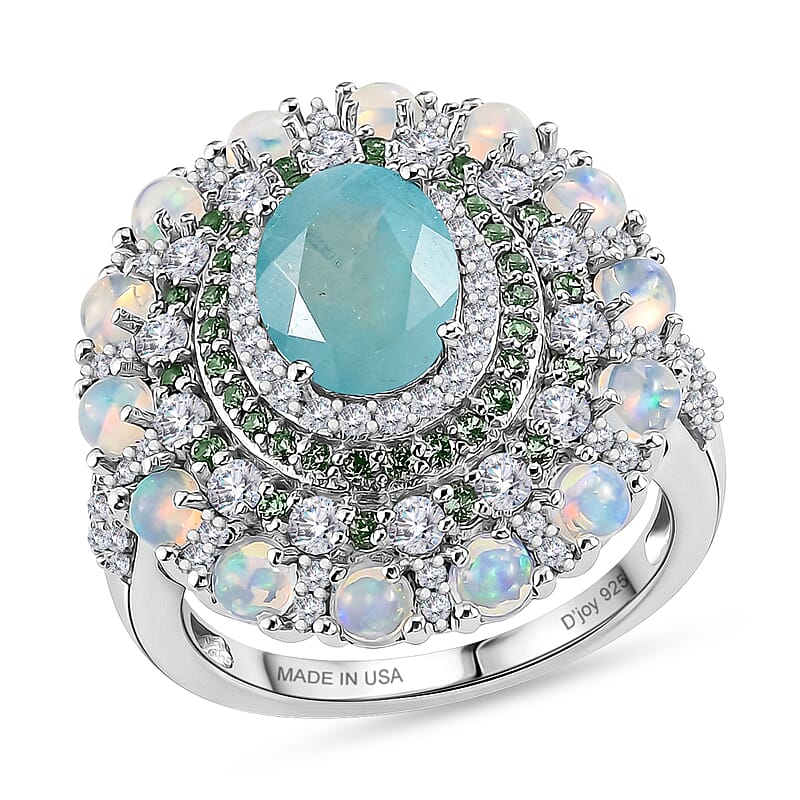 D'Joy Premium Grandidierite and Multi Gemstone 4.40 ctw Pearl Crest Ring in Rhodium Over Sterling Silver (Size  6.0)