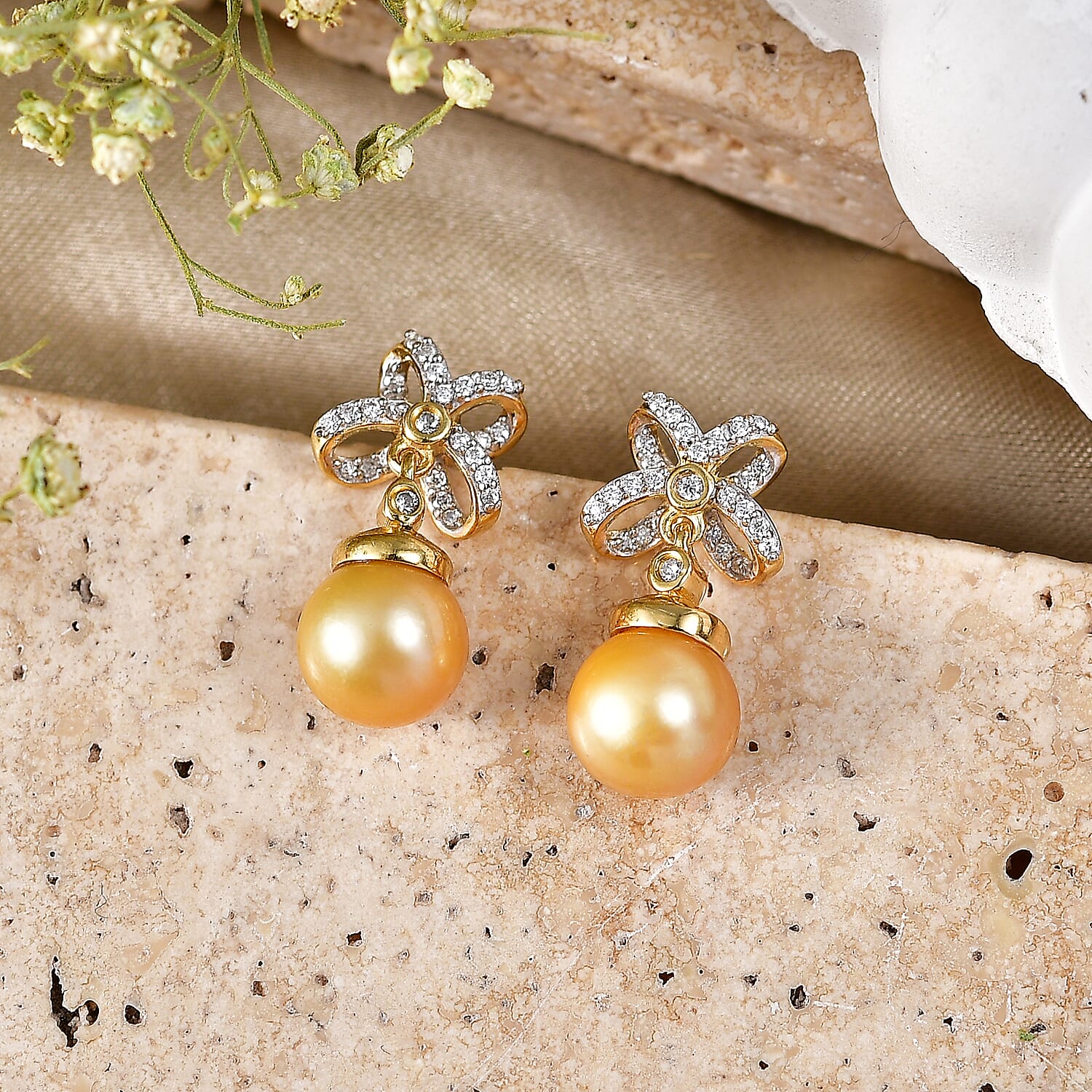 D'Joy Premium South Sea Golden Pearl and Moissanite 0.25 ctw Infinity Earrings in 18K Vermeil Yellow Gold Over Sterling Silver