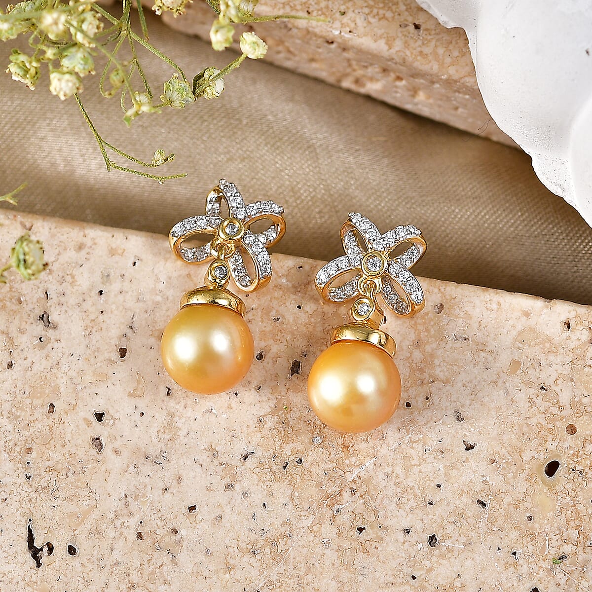 D'Joy Premium South Sea Golden Pearl and Moissanite 0.25 ctw Infinity Earrings in 18K Vermeil Yellow Gold Over Sterling Silver image number 1