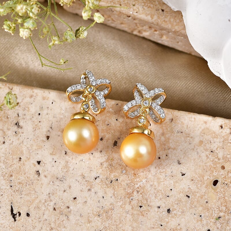 D'Joy Premium South Sea Golden Pearl and Moissanite 0.25 ctw Infinity Earrings in 18K Vermeil Yellow Gold Over Sterling Silver