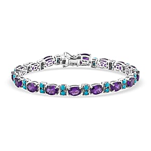 D'Joy AAA Zambian Amethyst and Sleeping Beauty Turquoise 13.50 ctw Regal Gemstone Line Bracelet in Rhodium Over Sterling Silver (7.25 In)