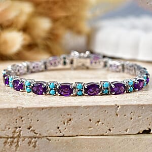 D'Joy AAA Zambian Amethyst and Sleeping Beauty Turquoise 13.50 ctw Regal Gemstone Line Bracelet in Rhodium Over Sterling Silver (7.25 In)