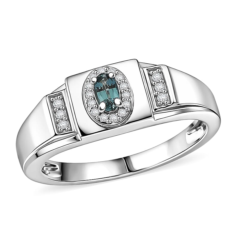 D'Joy Monte Belo Indicolite and Moissanite 0.40 ctw Men's Ring in Rhodium Over Sterling Silver (Size 10.0)