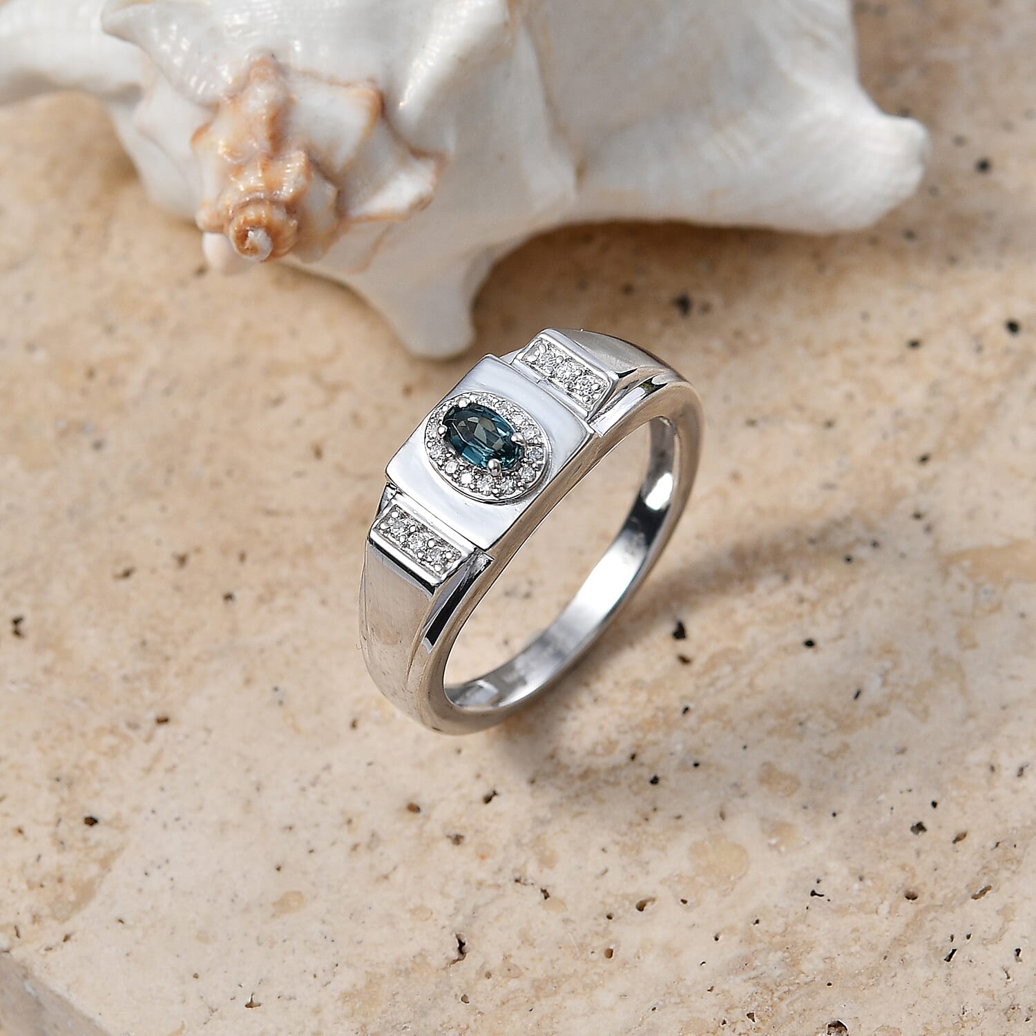 D'Joy Monte Belo Indicolite and Moissanite 0.40 ctw Men's Ring in Rhodium Over Sterling Silver (Size 12.0)