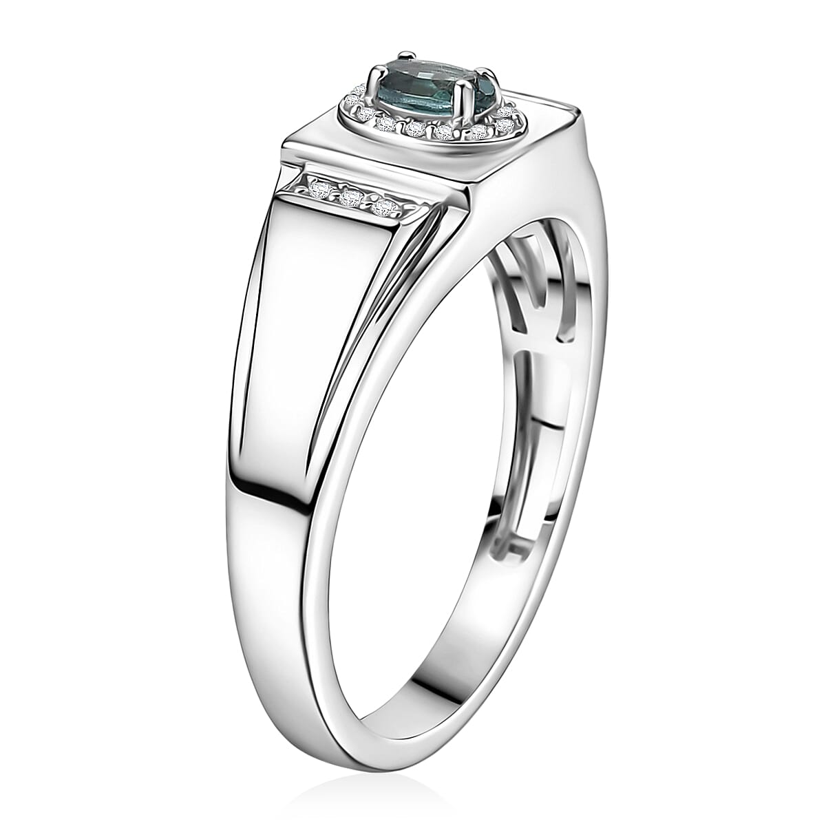 D'Joy Monte Belo Indicolite and Moissanite 0.40 ctw Men's Ring in Rhodium Over Sterling Silver (Size 12.0)