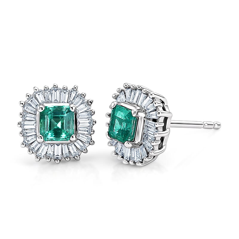AAA Kagem Zambian Emerald and Luxuriant Lab Grown Diamond G-H SI 1.25 ctw Earrings in Rhodium Over Sterling Silver