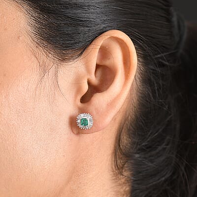AAA Kagem Zambian Emerald and Luxuriant Lab Grown Diamond G-H SI 1.25 ctw Earrings in Rhodium Over Sterling Silver