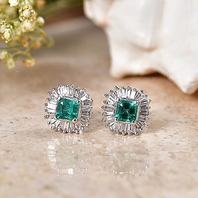 AAA Kagem Zambian Emerald and Luxuriant Lab Grown Diamond G-H SI 1.25 ctw Earrings in Rhodium Over Sterling Silver