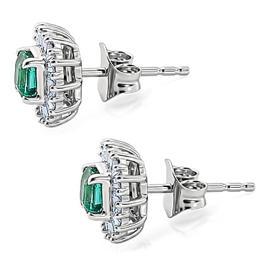 AAA Kagem Zambian Emerald and Luxuriant Lab Grown Diamond G-H SI 1.25 ctw Earrings in Rhodium Over Sterling Silver