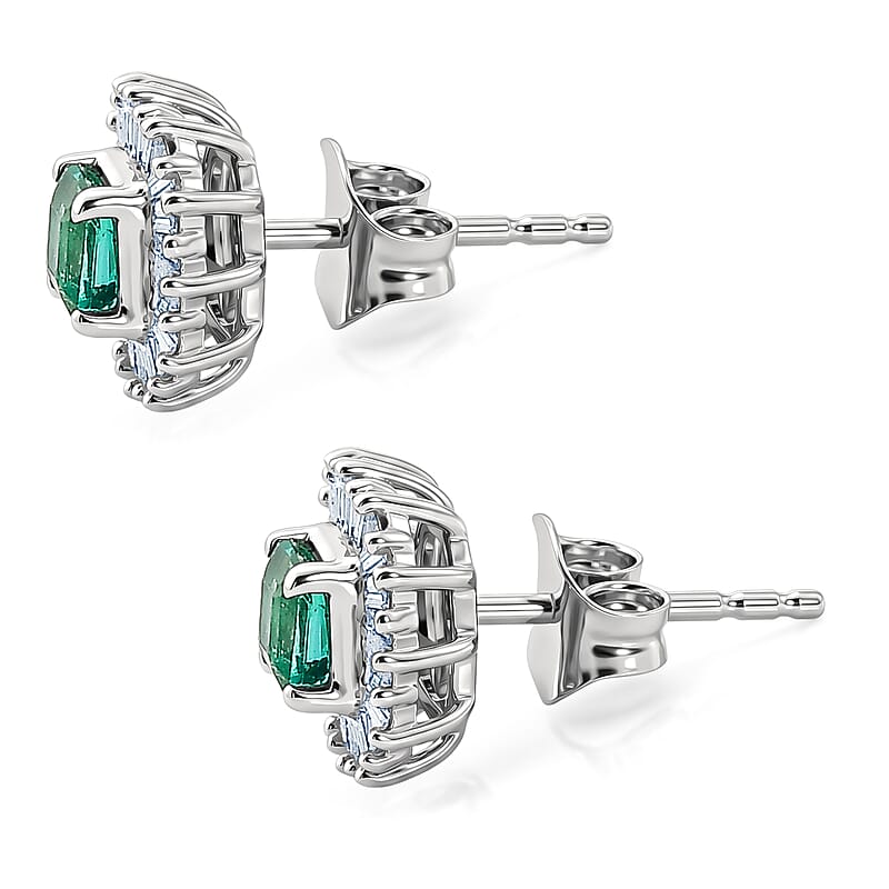 AAA Kagem Zambian Emerald and Luxuriant Lab Grown Diamond G-H SI 1.25 ctw Earrings in Rhodium Over Sterling Silver