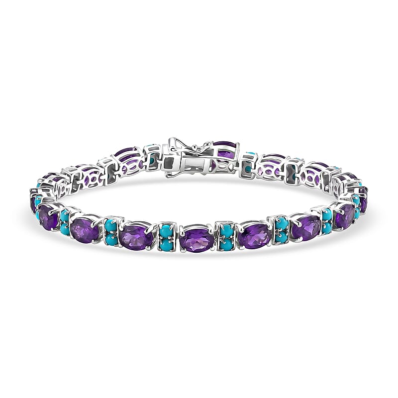 D'Joy AAA Zambian Amethyst and Sleeping Beauty Turquoise 11.70 ctw Regal Gemstone Line Bracelet in Rhodium Over Sterling Silver (6.50 In)