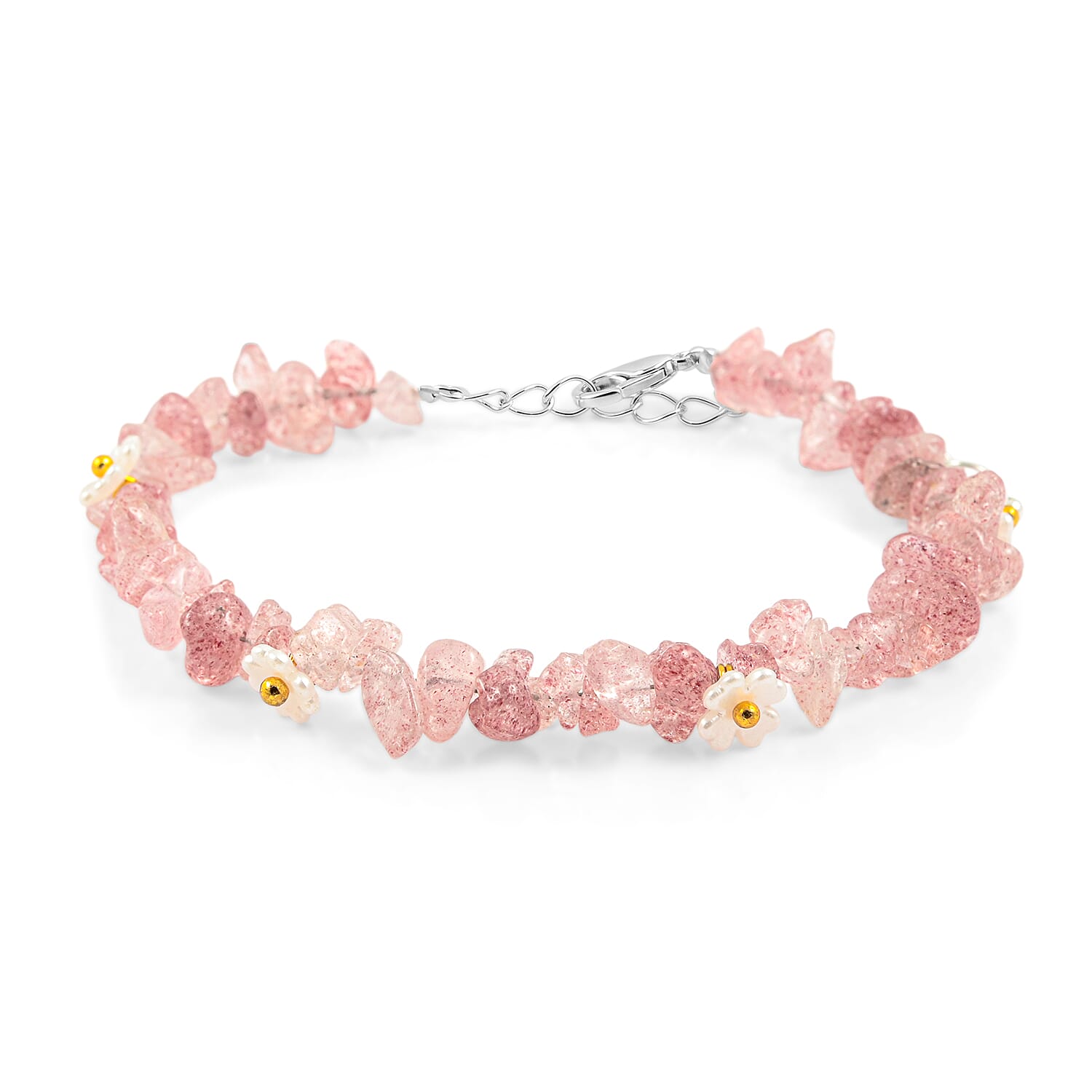 Strawberry Quartz and Resin 25.00 ctw Beaded Bracelet in Dualtone (7-9In)