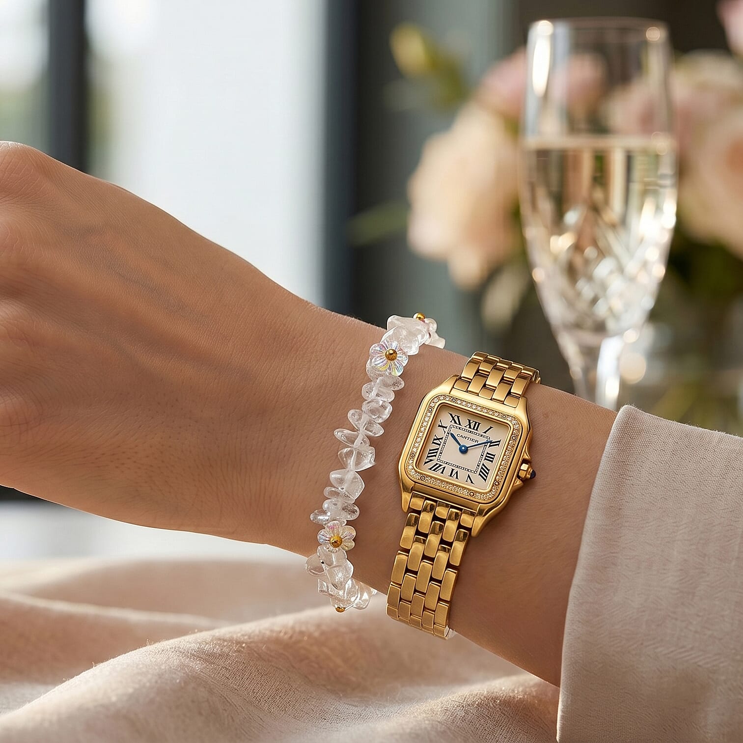 White Crystal Quartz and Resin 25.00 ctw Beaded Bracelet in Dualtone (7-9In)