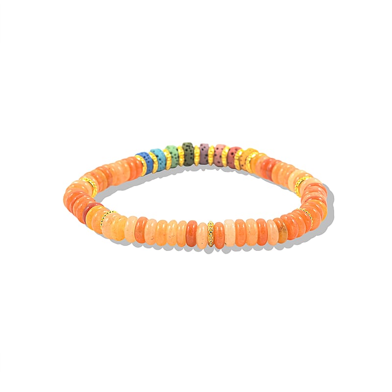 Orange Agate and Multi Color Lava 55.00 ctw Beaded Bracelet in Goldtone (6.25-7.75In)
