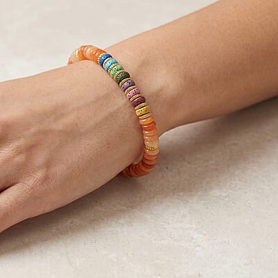 Orange Agate and Multi Color Lava 55.00 ctw Beaded Bracelet in Goldtone (6.25-7.75In)