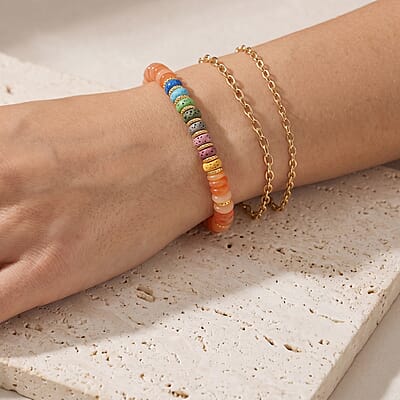 Orange Agate and Multi Color Lava 55.00 ctw Beaded Bracelet in Goldtone (6.25-7.75In)