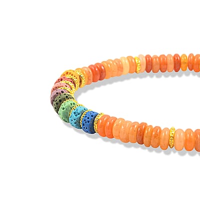 Orange Agate and Multi Color Lava 55.00 ctw Beaded Bracelet in Goldtone (6.25-7.75In)