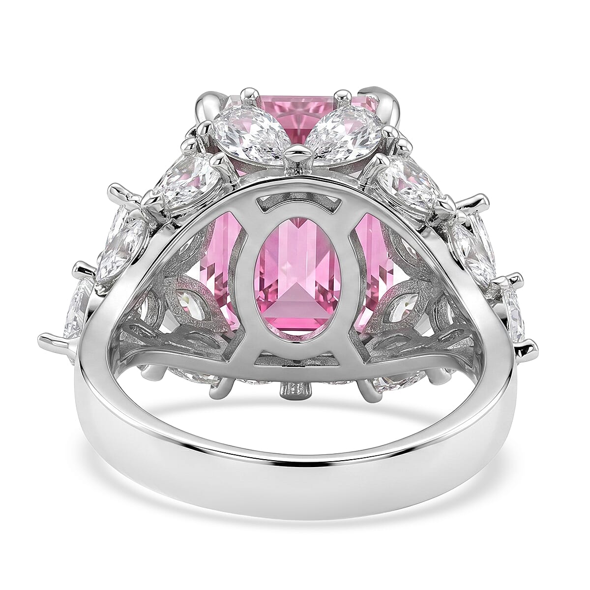 Simulated Pink and White Diamond Ring in Silvertone (Size 8.0)