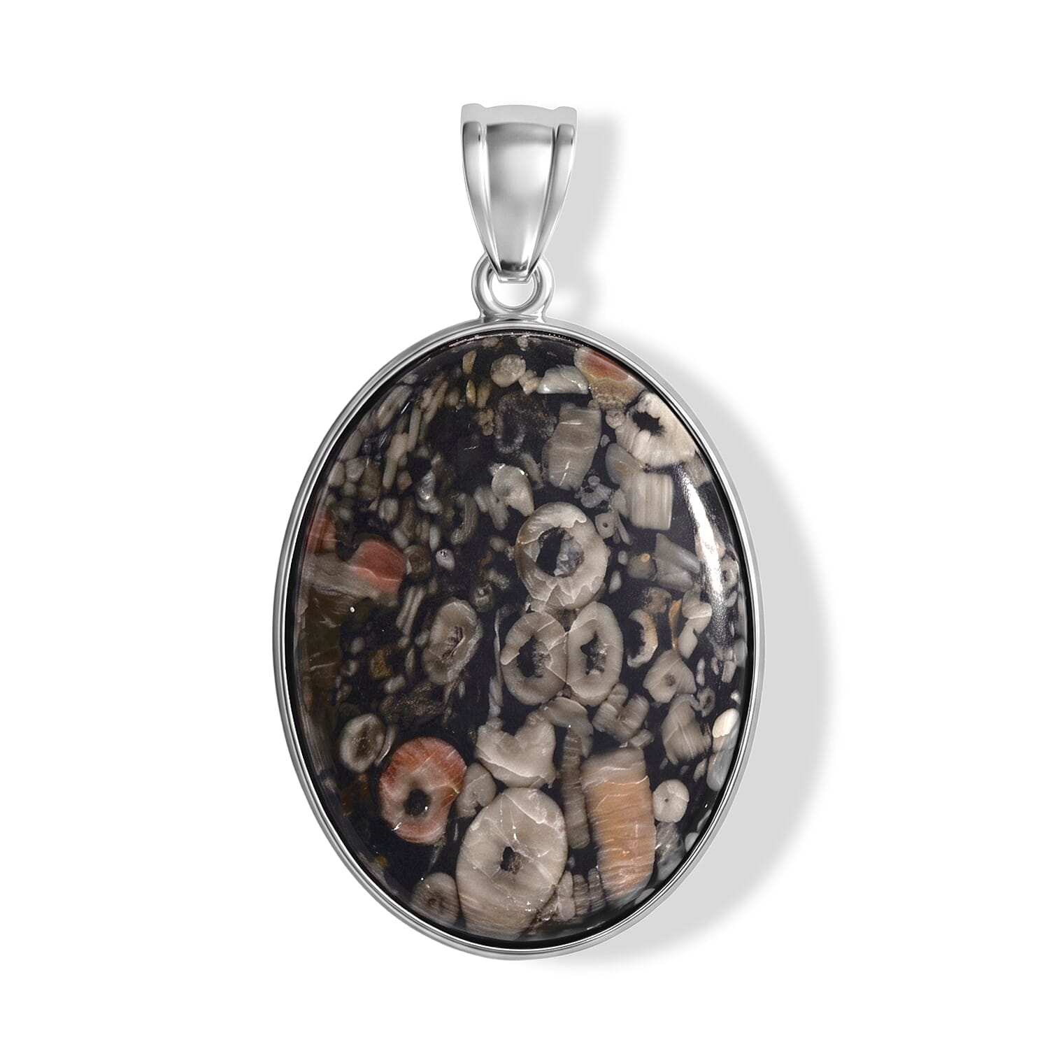 Insect Fossil Jasper 50.00 ctw Oval Pendant in Silvertone