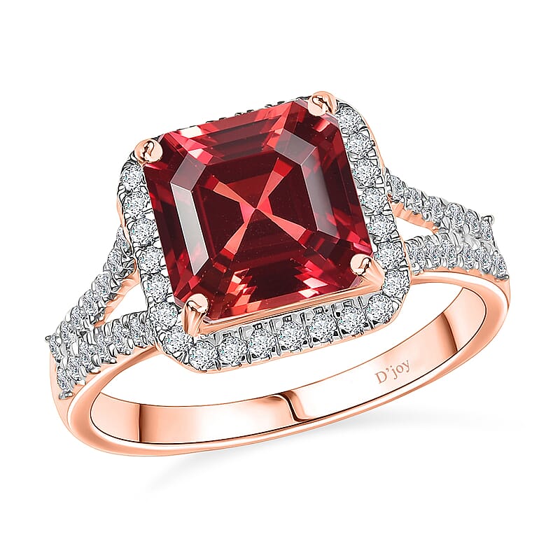 D'Joy Asscher Cut Lab Grown Padparadscha Sapphire and Moissanite 4.70 ctw Ring in 18K Vermeil Rose Gold Over Sterling Silver (Size 10.0)
